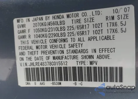 2008 Honda Cr-V Lx from USA, damaged, VIN JHLRE48378C015512